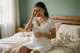 Femme enceinte assise dans son lit au réveil, songeuse après un rêve étrange pendant la grossesse