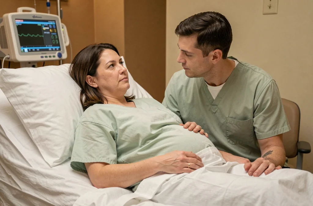 Femme enceinte en salle de travail avec son partenaire lors du suivi du travail et de la dilatation cervicale