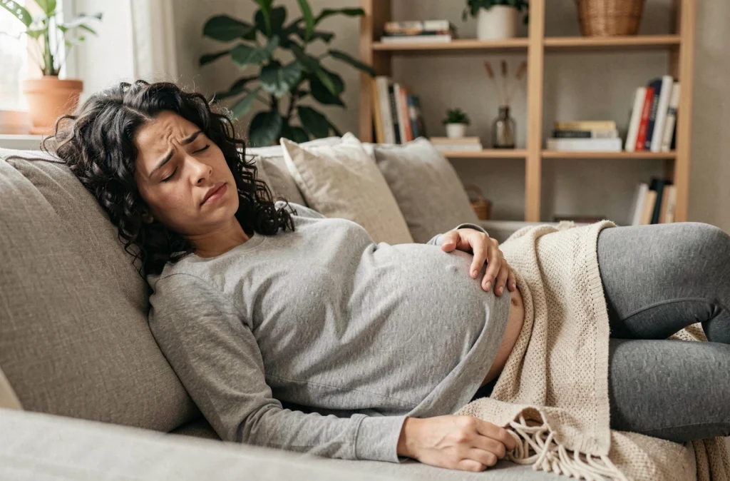Femme enceinte endormie sur un canapé en train de faire un rêve intense durant la grossesse