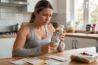 Femme examinant l'étiquette d'une boisson protéinée à la cuisine, se questionnant sur ses effets secondaires