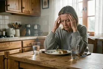 Femme fatiguée souffrant de fibromyalgie assise à sa table de cuisine le matin, les mains sur les tempes, expression douloureuse