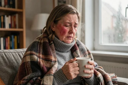 Femme fatiguée enveloppée dans une couverture tenant une tasse chaude pendant la saison de la grippe en Belgique