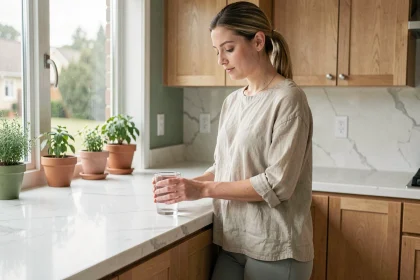 Femme pratiquant le jeûne intermittent dans une cuisine moderne, tenant un verre d'eau le matin