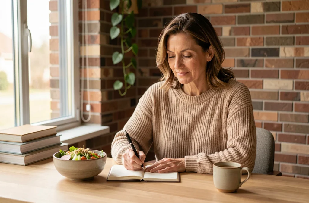 Femme tenant un journal alimentaire à côté d'un repas sain, représentant les habitudes du jeûne intermittent