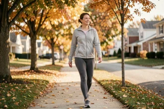 Femme d'âge moyen marchant après le repas sur un trottoir bordé d'arbres en automne pour favoriser la perte de poids