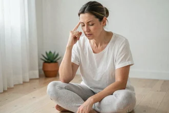 Femme en méditation touchant sa tempe gauche, symbolisant la signification spirituelle du mal de tête côté gauche