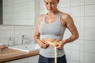 Femme mesurant son tour de taille avec un mètre ruban dans une salle de bain moderne et épurée