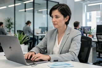 Femme en open-space portant un masque posé sur son bureau, travaillant sur ordinateur dans un contexte de nouveau variant Covid en 2026