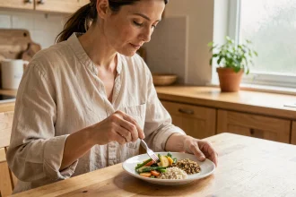 Femme portionnant un repas équilibré dans une assiette blanche sur une table en bois dans une cuisine moderne
