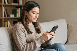 Femme cherchant un médecin disponible en urgence sur son smartphone depuis son domicile