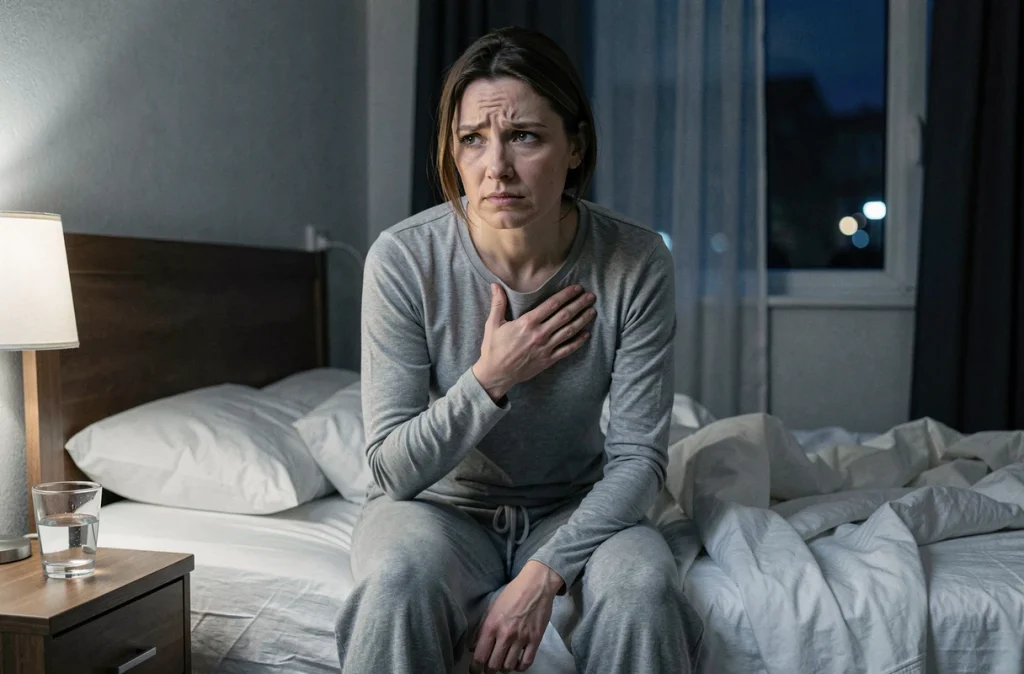 Femme adulte assise au bord du lit la nuit souffrant de remontées acides et de troubles du sommeil liés au reflux