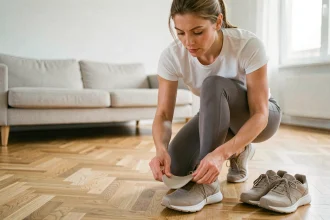 Femme insérant une semelle minceur Akusoli dans une chaussure de sport sur parquet en bois