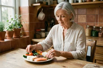 Femme senior préparant une assiette équilibrée riche en calcium et en nutriments pour prévenir l'ostéoporose