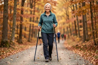 Femme âgée pratiquant la marche nordique en forêt automnale avec des bâtons de marche