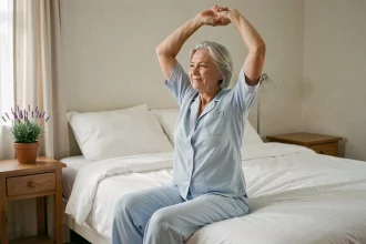 Femme de 70 ans s'étirant paisiblement au réveil dans une chambre lumineuse pour un sommeil réparateur