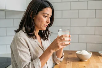 Femme tenant un verre d'eau de riz dans une cuisine moderne, illustrant la consommation quotidienne d'eau de riz