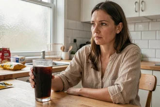 Femme tenant un verre de soda sucré dans une cuisine moderne, illustrant la consommation quotidienne de boissons sucrées