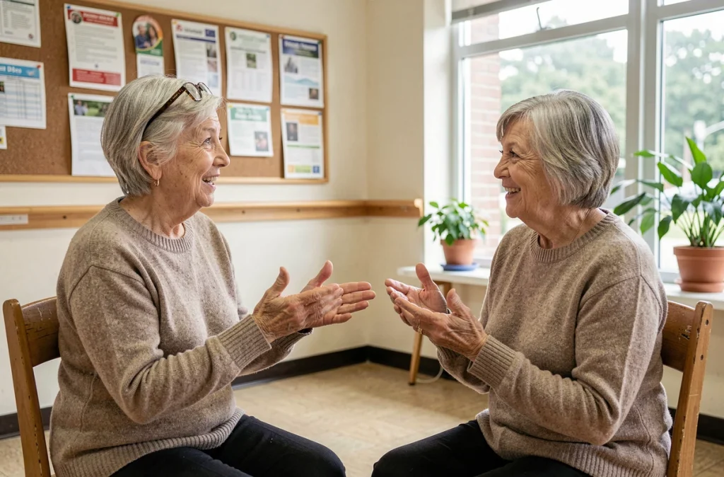 Deux femmes seniors en conversation animée dans un centre communautaire, symbolisant les liens sociaux essentiels au bien-être mental des aînés