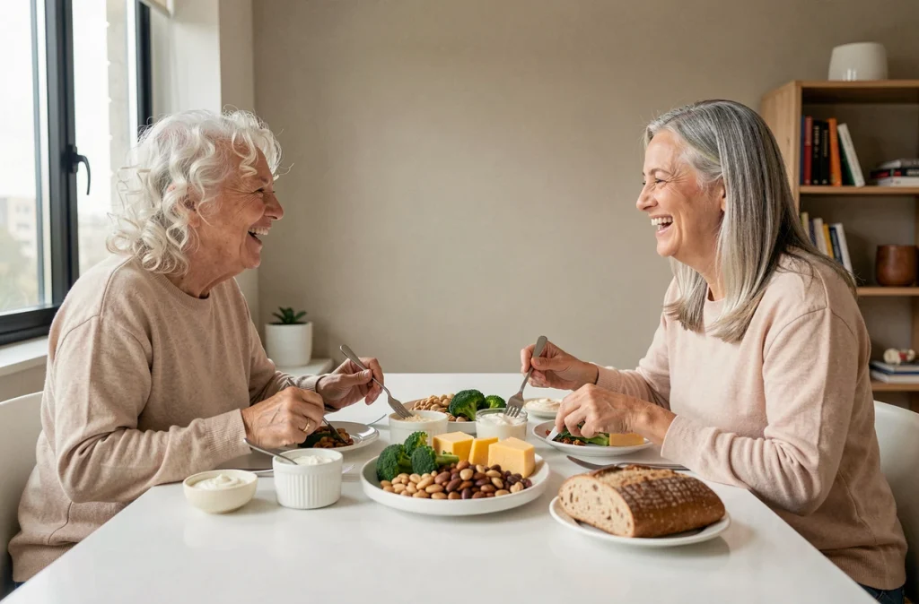 Deux femmes seniors partageant un repas équilibré riche en calcium et en protéines pour renforcer la densité osseuse