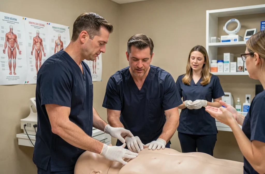 Infirmier participant à une formation professionnelle sur mannequin de simulation clinique avec des collègues