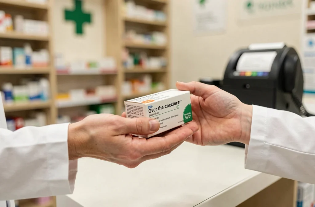 Gros plan d'un pharmacien remettant une boîte de médicament sans ordonnance à un patient au comptoir