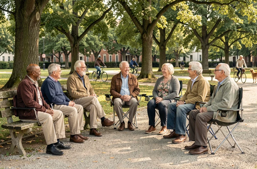 Groupe de seniors réunis dans un parc en activité collective, représentant l'impact positif de la socialisation sur la santé mentale des personnes âgées
