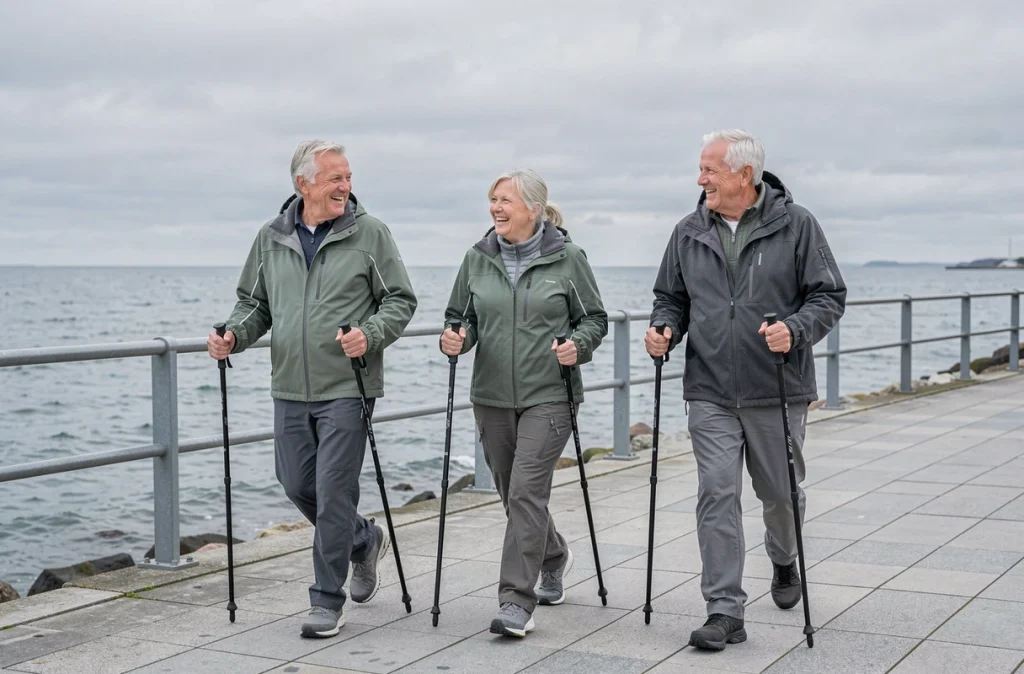 Groupe de seniors pratiquant la marche nordique ensemble en bord de mer