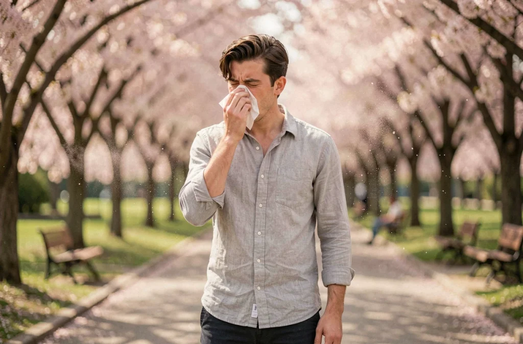 Jeune homme éternuant dans un parc au printemps à cause des pollens et allergies respiratoires saisonnières