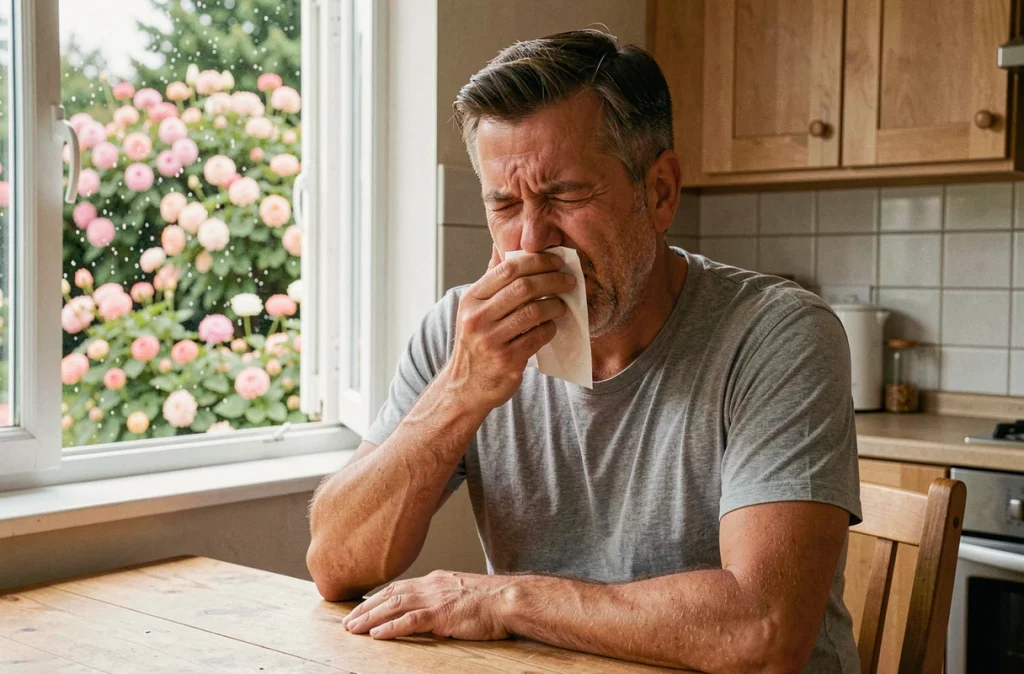 Homme d'âge moyen éternuant à cause des allergies au pollen printanier près d'une fenêtre ouverte dans sa cuisine