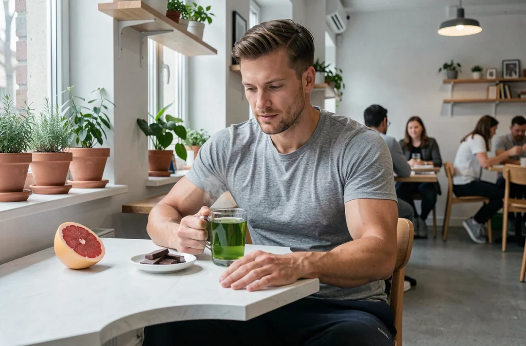 Homme buvant du thé vert thermogénique avec du chocolat noir et du pamplemousse dans un café scandinave moderne