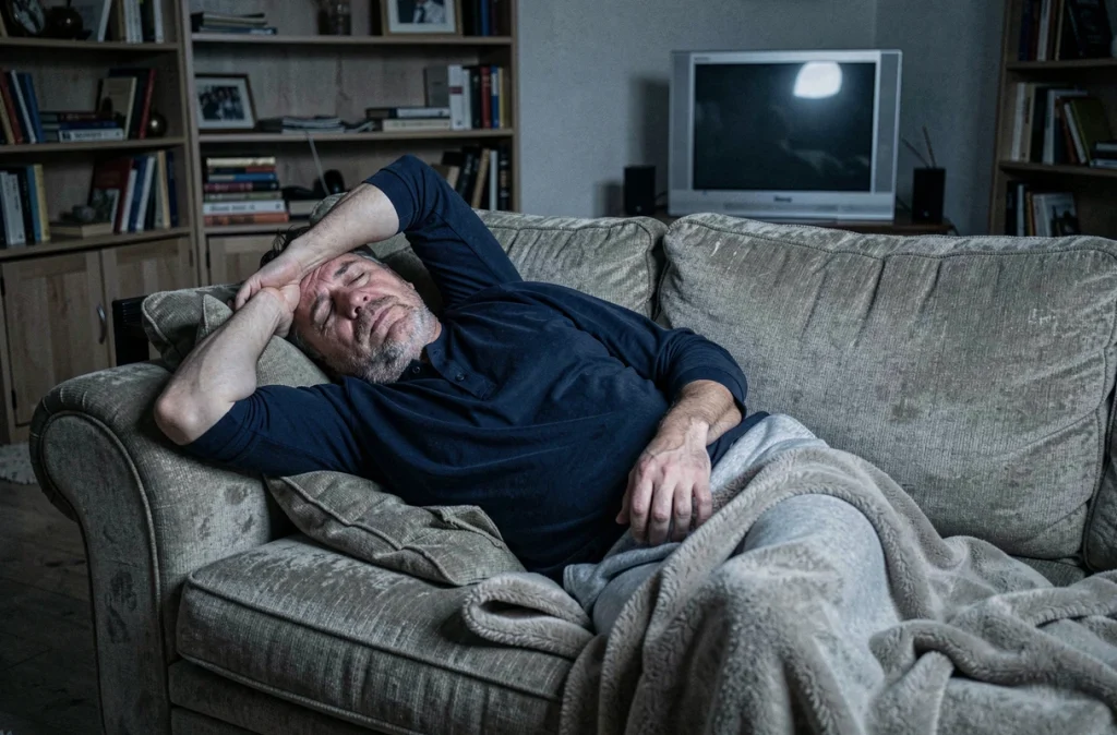 Homme épuisé allongé sur son canapé en raison de douleurs chroniques liées à la fibromyalgie, ambiance intimiste