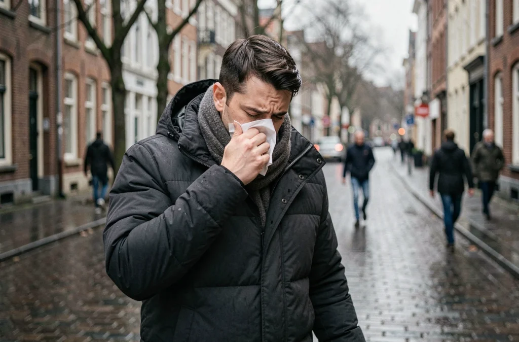 Homme malade se mouchant dans une rue pavée belge sous un ciel hivernal gris pendant l'épidémie de grippe