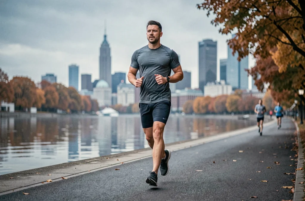 Homme en train de courir au bord d'une rivière urbaine, illustrant l'activité physique associée au jeûne intermittent