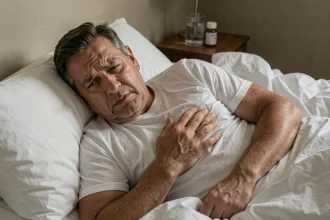 Homme adulte allongé dans son lit avec une expression de douleur due au reflux gastro-œsophagien perturbant son sommeil
