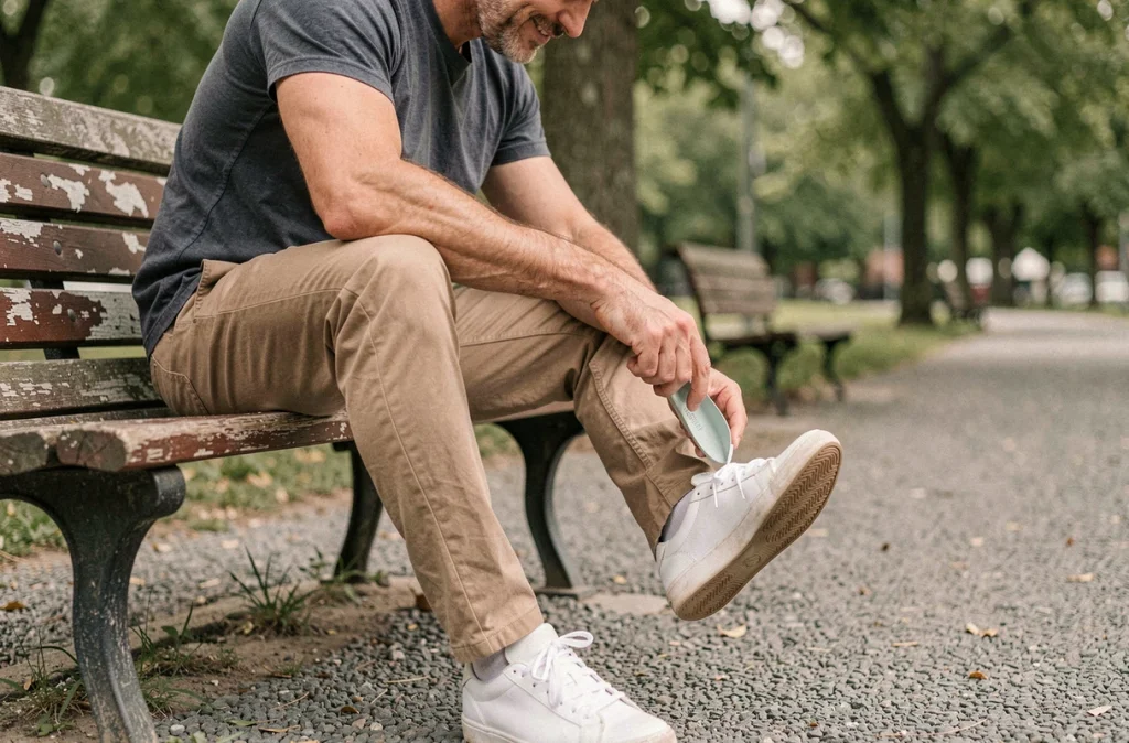 Homme en parc avec semelle orthopédique Akusoli visible dans sa chaussure blanche