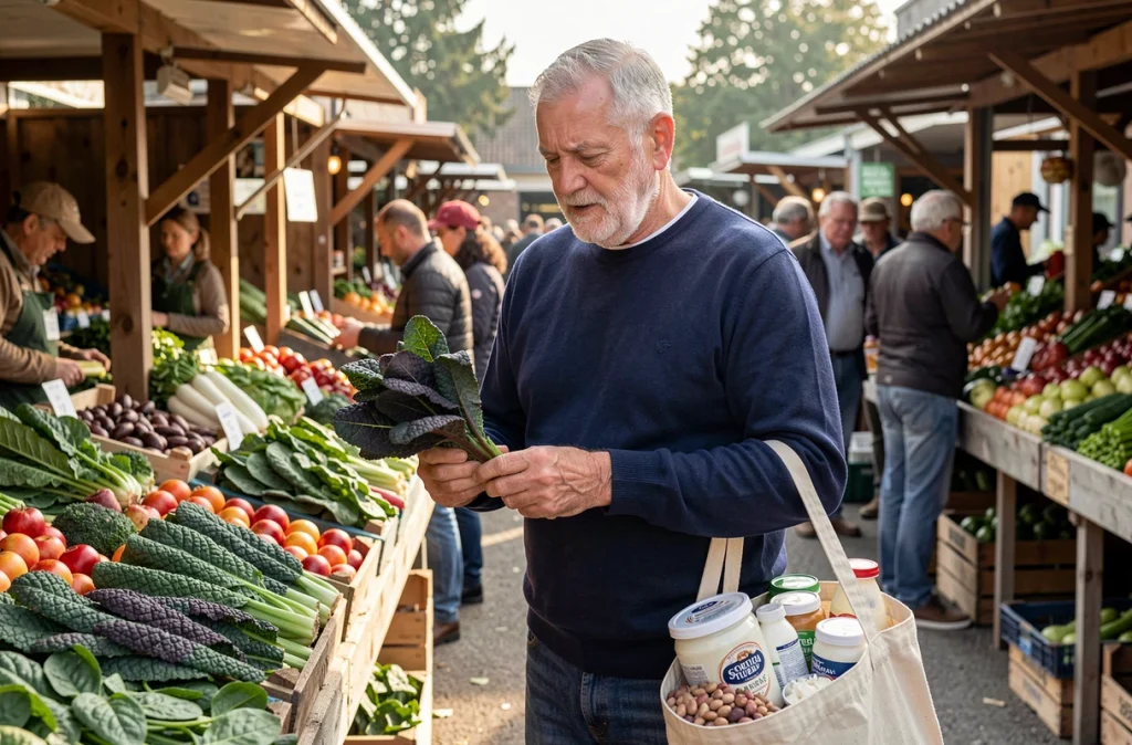 Homme senior au marché choisissant des légumes riches en calcium pour une alimentation saine et prévenir l'ostéoporose