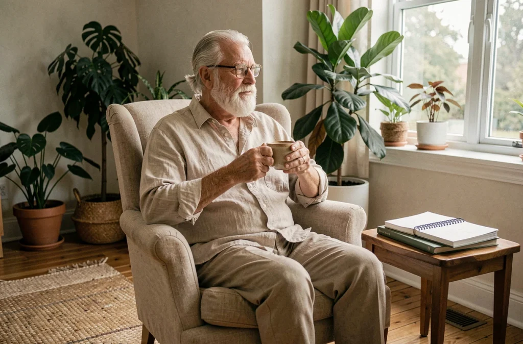 Homme âgé buvant une tisane le soir dans un fauteuil confortable dans le cadre d'une routine pour mieux dormir