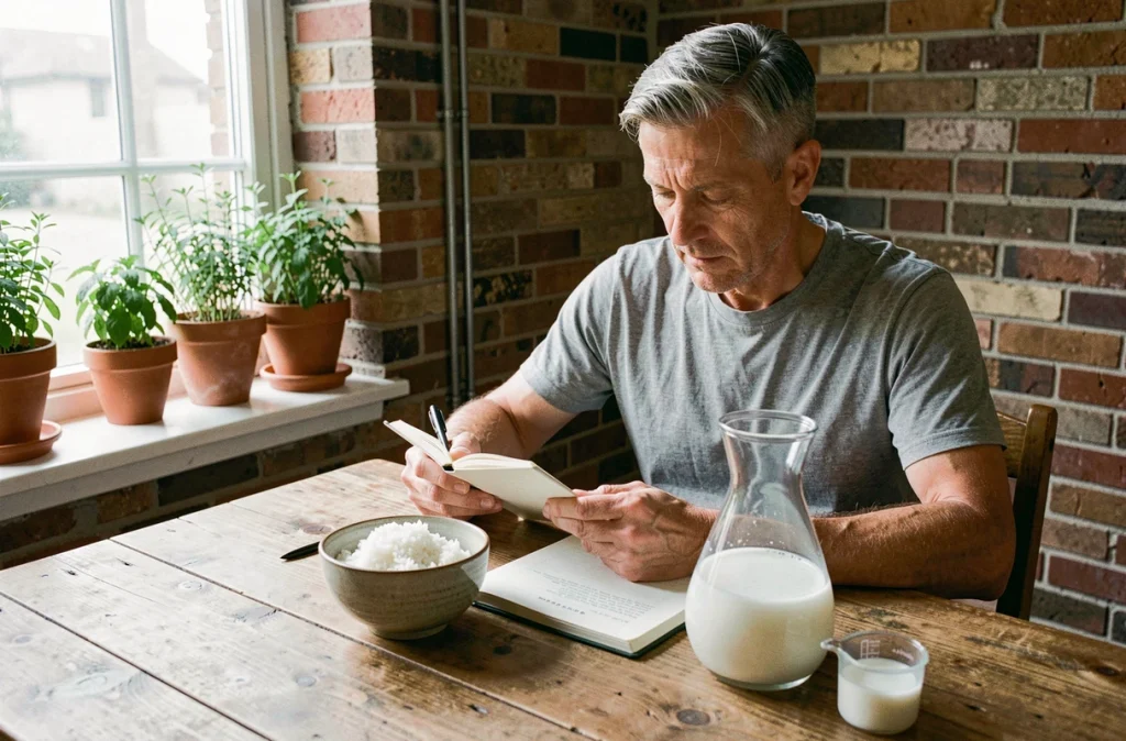 Homme notant sa consommation d'eau de riz avec une carafe et un bol de riz sur une table en bois rustique