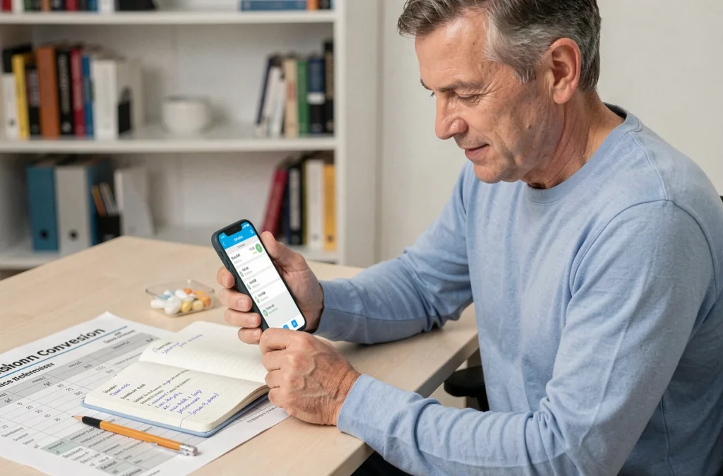 Homme comparant ses relevés glycémiques dans un carnet papier et une application smartphone avec tableau de conversion mmol/L en g/L