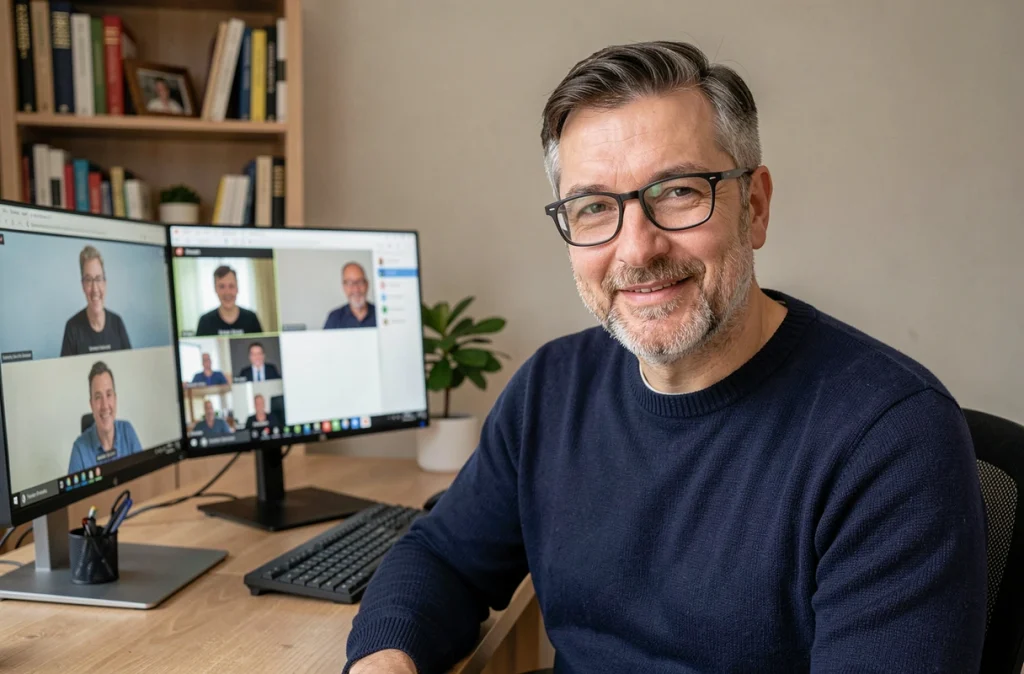 Homme en télétravail lors d'une visioconférence à domicile, illustrant l'adaptation du travail à distance face au nouveau variant Covid