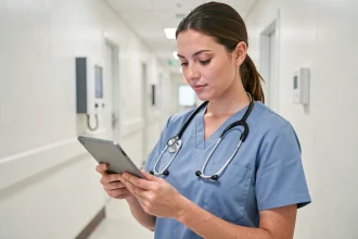 Infirmière utilisant une tablette numérique pour consulter des données médicales dans un couloir d'hôpital moderne