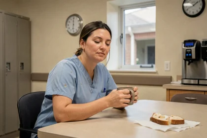 Infirmière épuisée prenant une pause dans une salle de repos d'hôpital, tenant une tasse de café les yeux fermés pour illustrer la prévention du burn-out chez les soignants