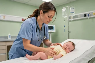 Infirmière pédiatrique examinant un nourrisson dans un service pédiatrique pendant l'épidémie de bronchiolite