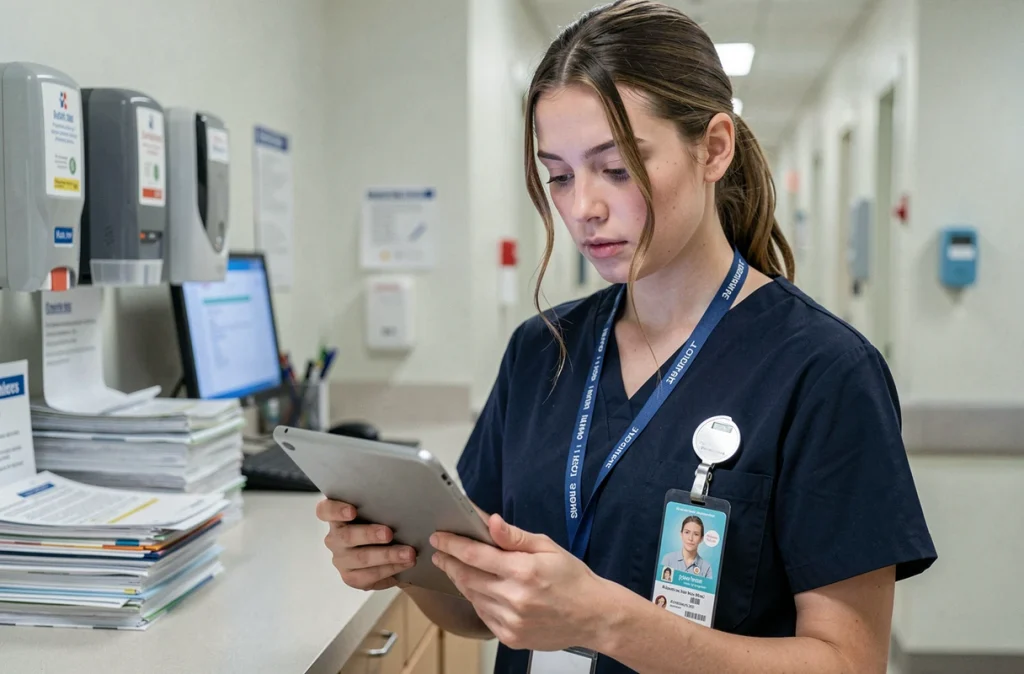 Infirmière pédiatrique fatiguée consultant un dossier médical à la station de soins lors de la mobilisation contre la bronchiolite