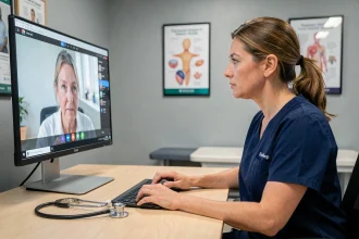 Infirmière en téléconsultation vidéo avec un patient depuis son bureau médical moderne