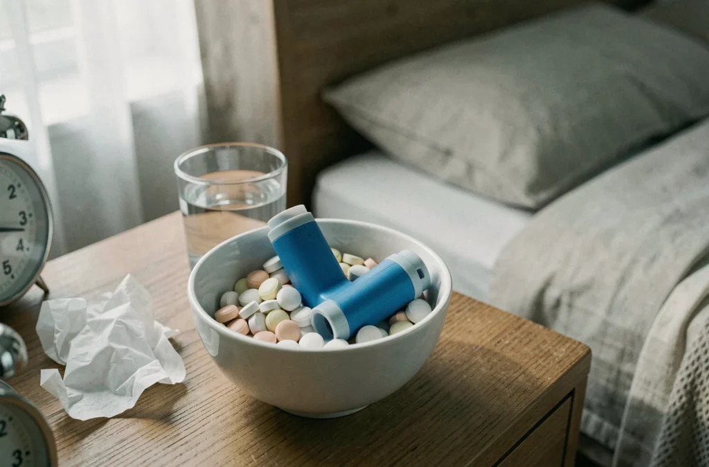 Inhalateur et antihistaminiques posés sur une table de nuit symbolisant le traitement des allergies respiratoires printanières