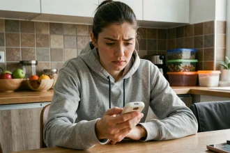 Jeune femme mesurant sa glycémie avec un glucomètre dans une cuisine moderne, illustrant le diabète de type 2 chez les jeunes adultes