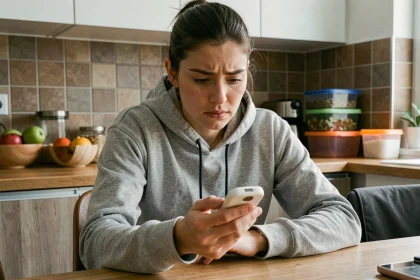 Jeune femme mesurant sa glycémie avec un glucomètre dans une cuisine moderne, illustrant le diabète de type 2 chez les jeunes adultes