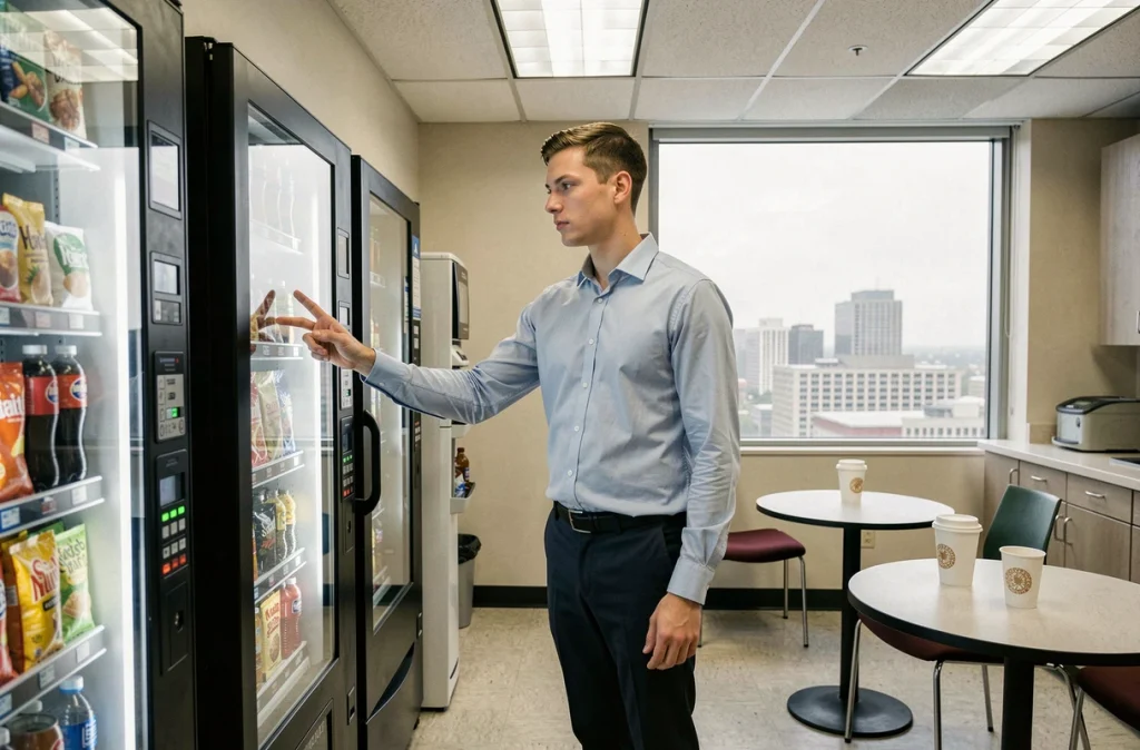 Jeune homme en tenue professionnelle hésitant devant un distributeur automatique au bureau, symbole des mauvaises habitudes alimentaires liées au diabète de type 2