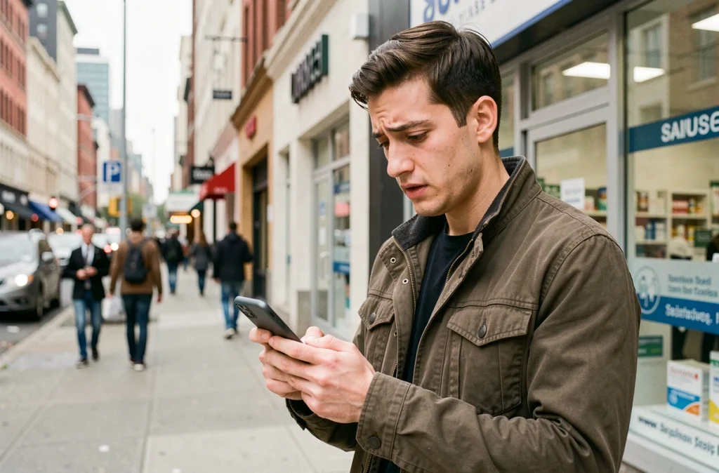 Jeune homme devant une pharmacie utilisant une application mobile pour trouver un spécialiste disponible en urgence